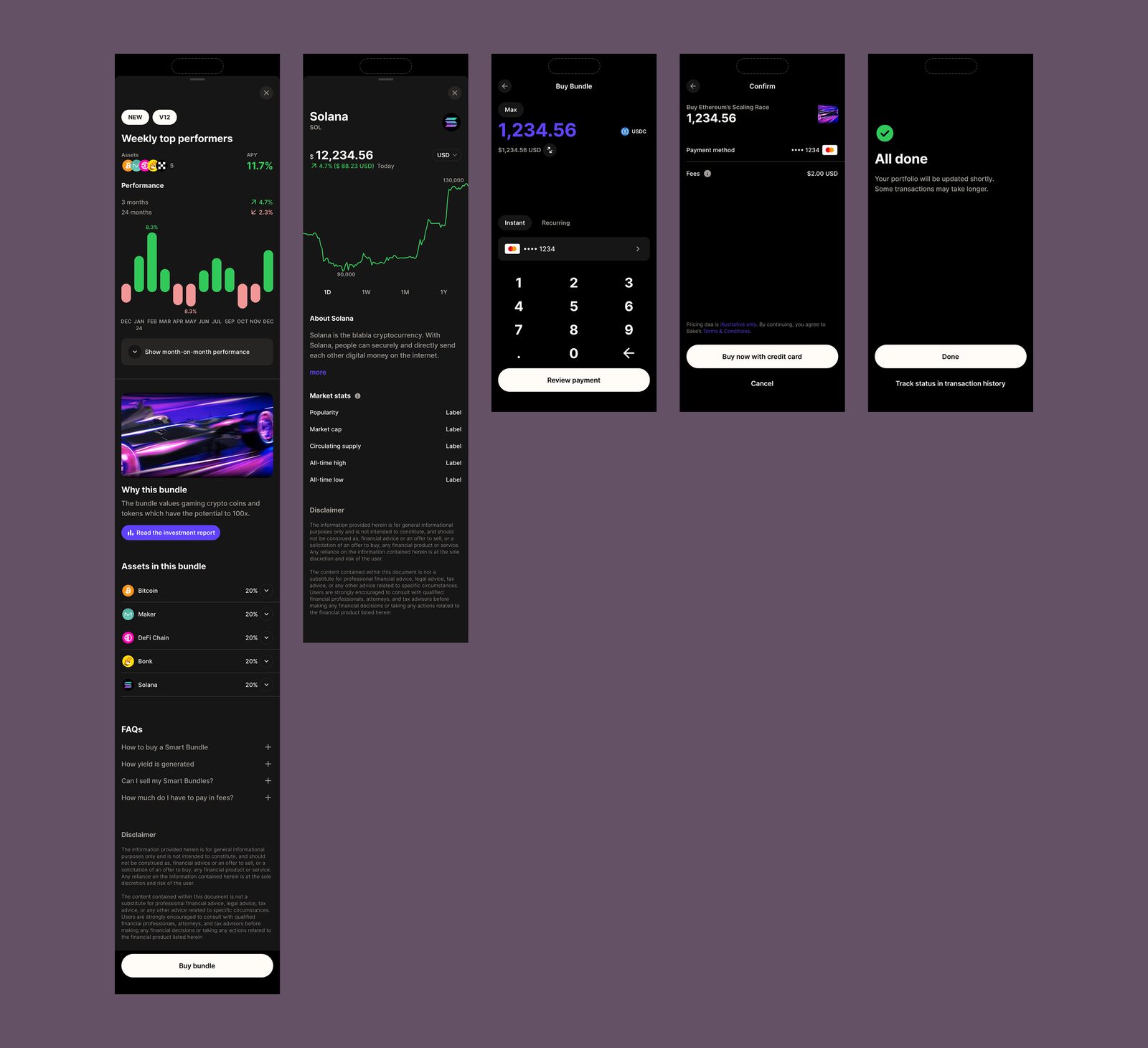 Bundle screens with asset information and purchase flow