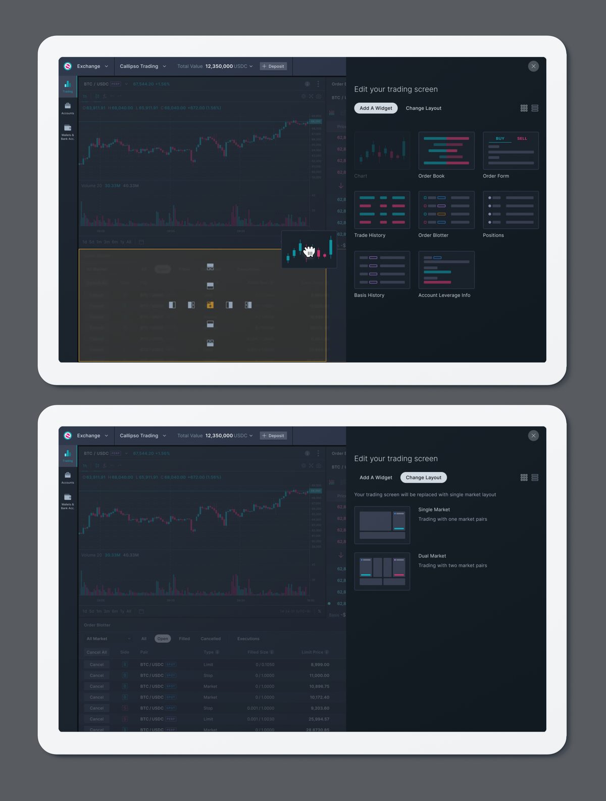 The EQONEX trading screen being customised by dragging a widget into it